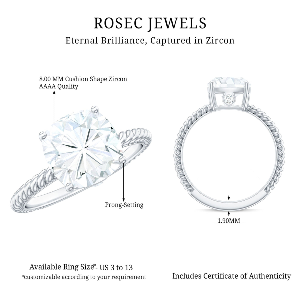 Cushion Cut Cubic Zirconia Solitaire Engagement Ring