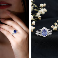Certified 1.6 Carat Lab Grown Blue Sapphire Pear Shaped Engagement Ring Set with Diamond