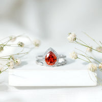 3.3 Carat Pear Shaped Lab Grown Orange Sapphire Wedding Ring Set with Diamond