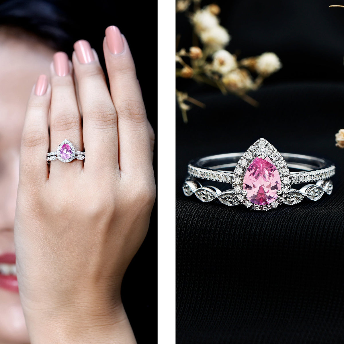 Lab Grown Pink Sapphire Pear Shaped Engagement Ring Set