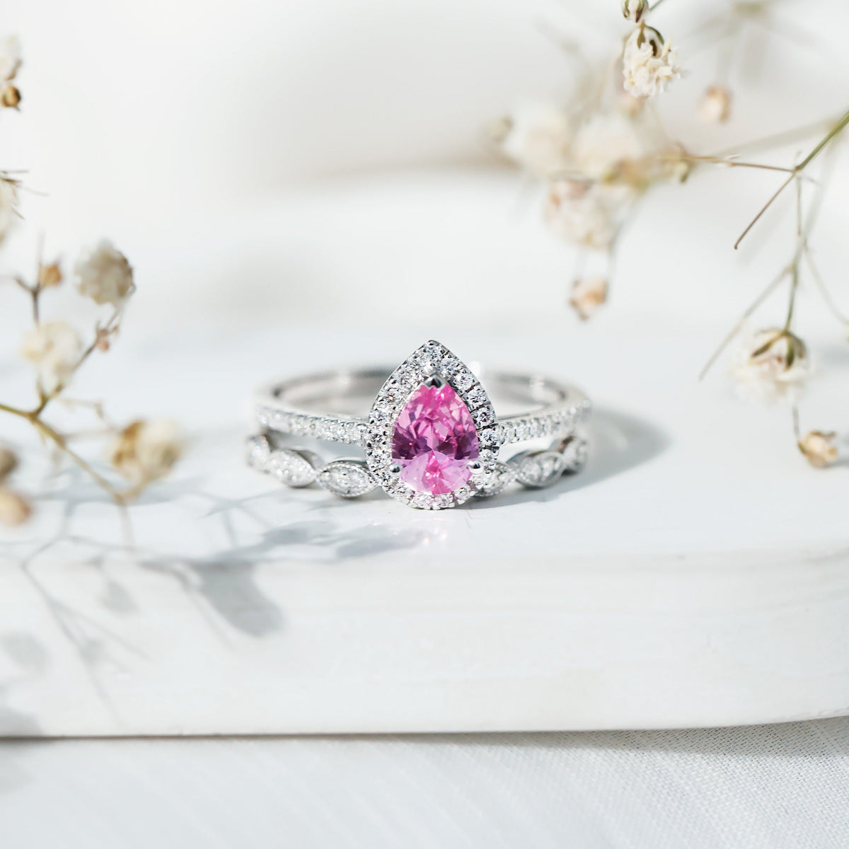 Lab Grown Pink Sapphire Pear Shaped Engagement Ring Set