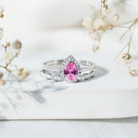 Lab Grown Pink Sapphire Pear Shaped Engagement Ring Set