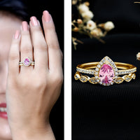 Lab Grown Pink Sapphire Pear Shaped Engagement Ring Set