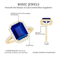 Certified 2.75 Carat Lab Grown Blue Sapphire Emerald Cut Engagement Ring with Diamond Halo