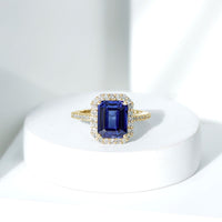 Certified 2.75 Carat Lab Grown Blue Sapphire Emerald Cut Engagement Ring with Diamond Halo