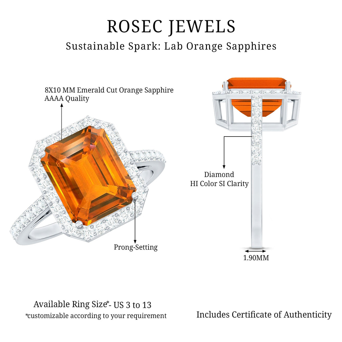 2.75 Carat Lab Grown Orange Sapphire Emerald Cut Engagement Ring with Diamond Halo