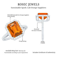 2.75 Carat Lab Grown Orange Sapphire Emerald Cut Engagement Ring with Diamond Halo