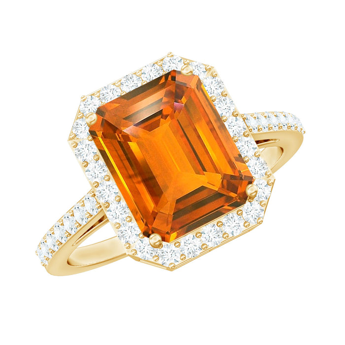 Orange sapphire engagement ring with diamond halo, emerald cut, 2.75 carats, from Rosec Jewels.