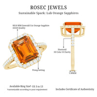 2.75 Carat Lab Grown Orange Sapphire Emerald Cut Engagement Ring with Diamond Halo