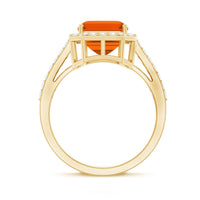 2.75 Carat Lab Grown Orange Sapphire Emerald Cut Engagement Ring with Diamond Halo