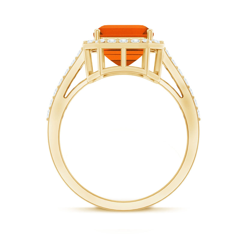 Orange sapphire engagement ring with diamond halo, 2.75 carats, emerald cut, from Rosec Jewels.