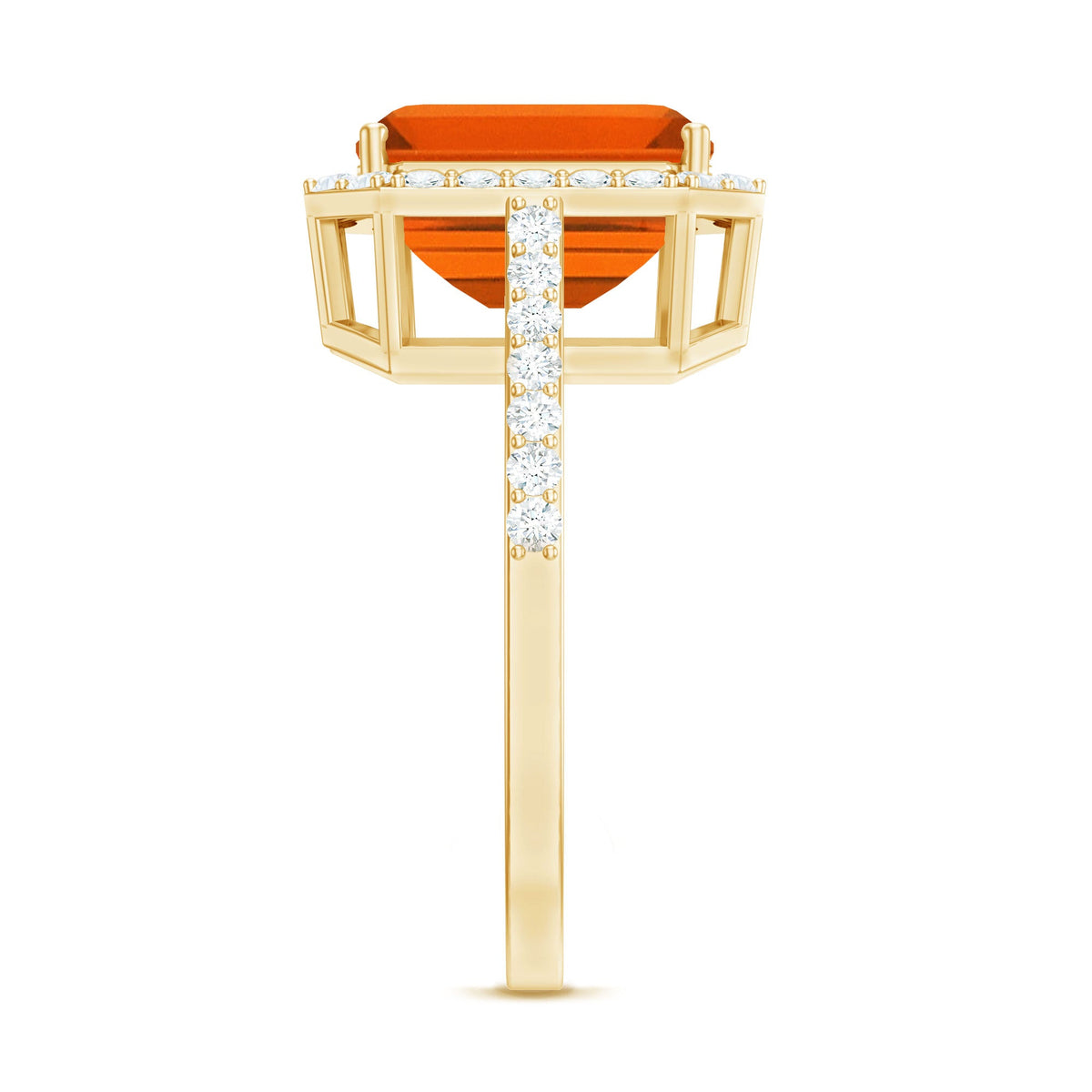 2.75 Carat Lab Grown Orange Sapphire Emerald Cut Engagement Ring with Diamond Halo
