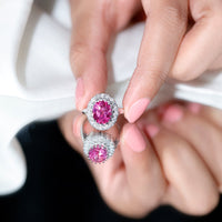 4 Carat Lab Grown Pink Sapphire Cocktail Engagement Ring with Diamond Halo