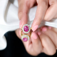 4 Carat Lab Grown Pink Sapphire Cocktail Engagement Ring with Diamond Halo