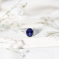 Certified 4 Carat Lab Grown Blue Sapphire Oval Engagement Ring with Diamond Split Shank