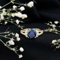 Certified 4 Carat Lab Grown Blue Sapphire Oval Engagement Ring with Diamond Split Shank