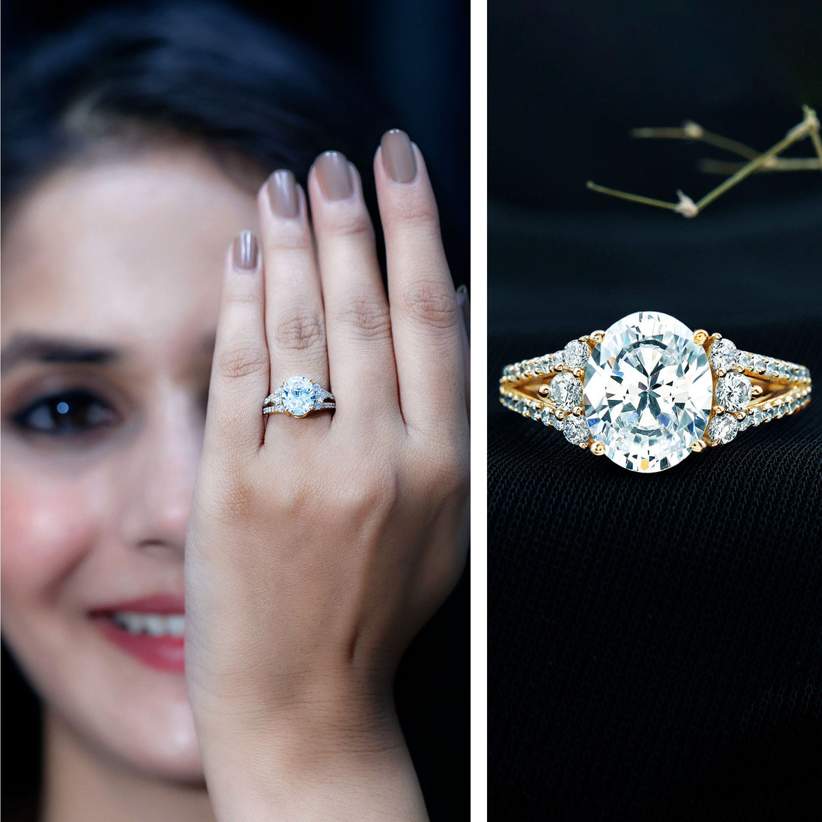 Solitaire Cubic Zirconia Oval Engagement Ring with Side Stones