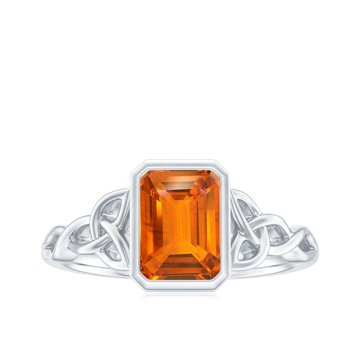 1.75 Carat Emerald Cut Lab Grown Orange Sapphire Diamond Bezel Set Engagement Ring