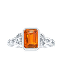 1.75 Carat Emerald Cut Lab Grown Orange Sapphire Diamond Bezel Set Engagement Ring