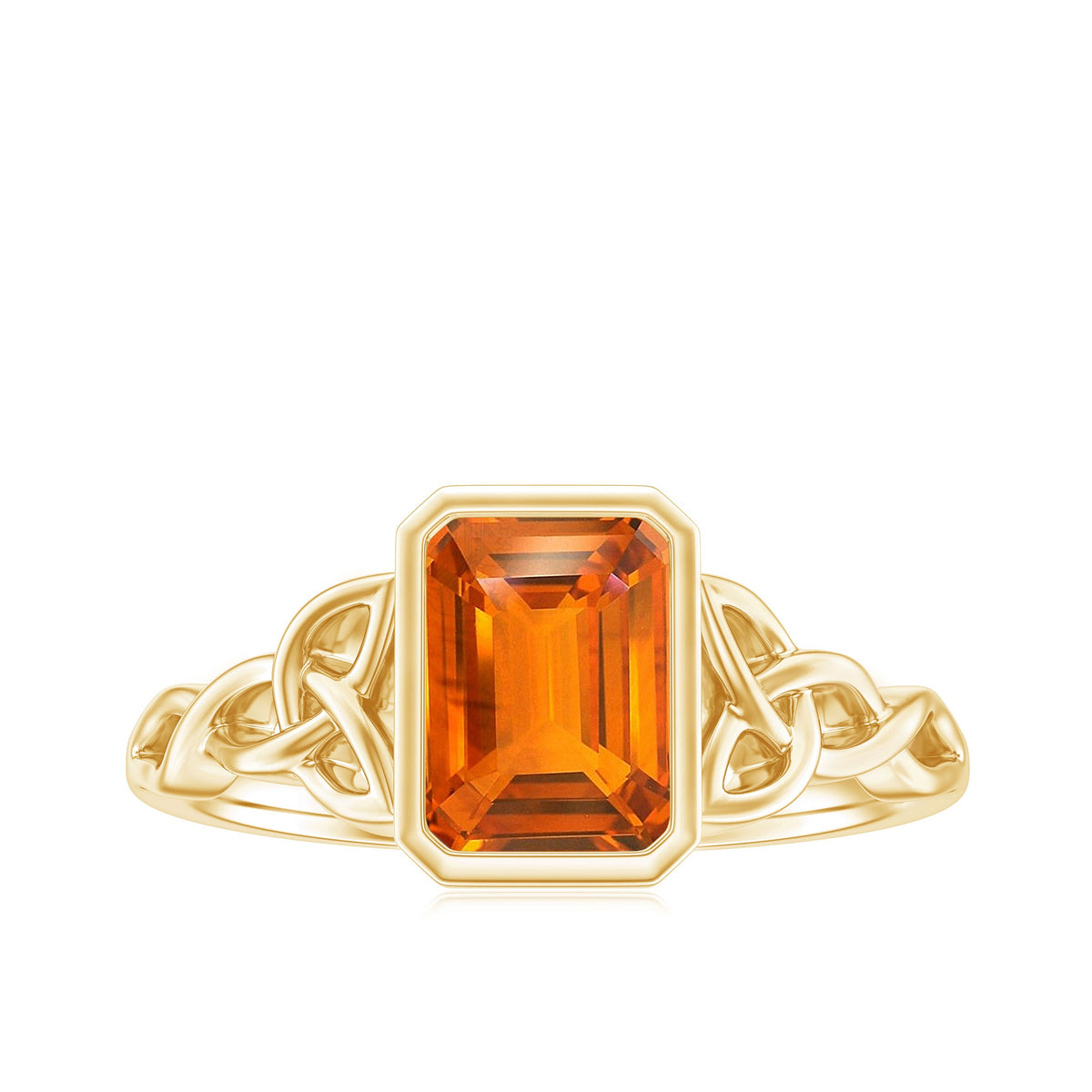 1.75 Carat Emerald Cut Lab Grown Orange Sapphire Diamond Bezel Set Engagement Ring