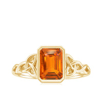 1.75 Carat Emerald Cut Lab Grown Orange Sapphire Diamond Bezel Set Engagement Ring