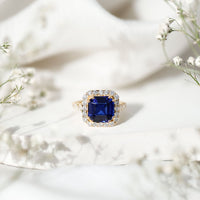 Certified 6.75 Carat Asscher Cut Lab Grown Blue Sapphire Engagement Ring with Diamond Halo