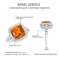 6.75 Carat Asscher Cut Lab Grown Orange Sapphire Engagement Ring with Halo