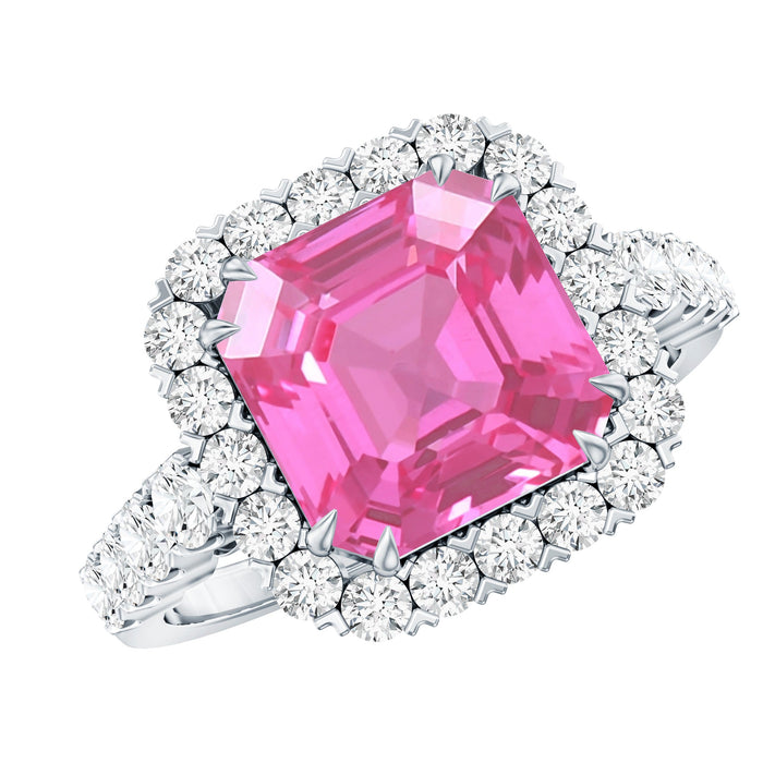 Rosec Jewels 6.75 Carat lab-grown pink sapphire Asscher cut engagement ring with halo, showcasing a sparkling pink gemstone and elegant design.