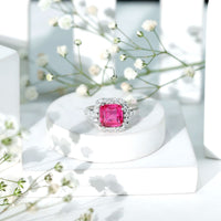 6.75 Carat Lab Grown Pink Sapphire Asscher Cut Engagement Ring with Moissanite Halo