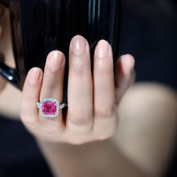 6.75 Carat Lab Grown Pink Sapphire Asscher Cut Engagement Ring with Moissanite Halo