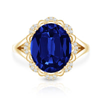 Certified 6 Carat Oval Lab Grown Blue Sapphire Retro Engagement Ring with Diamond