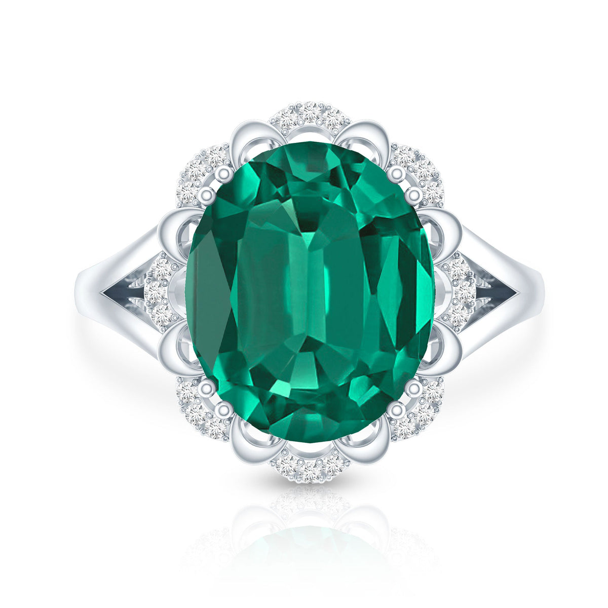 Vintage Looking 10X12mm Lab Created Emerald Engagement Ring with Diamond