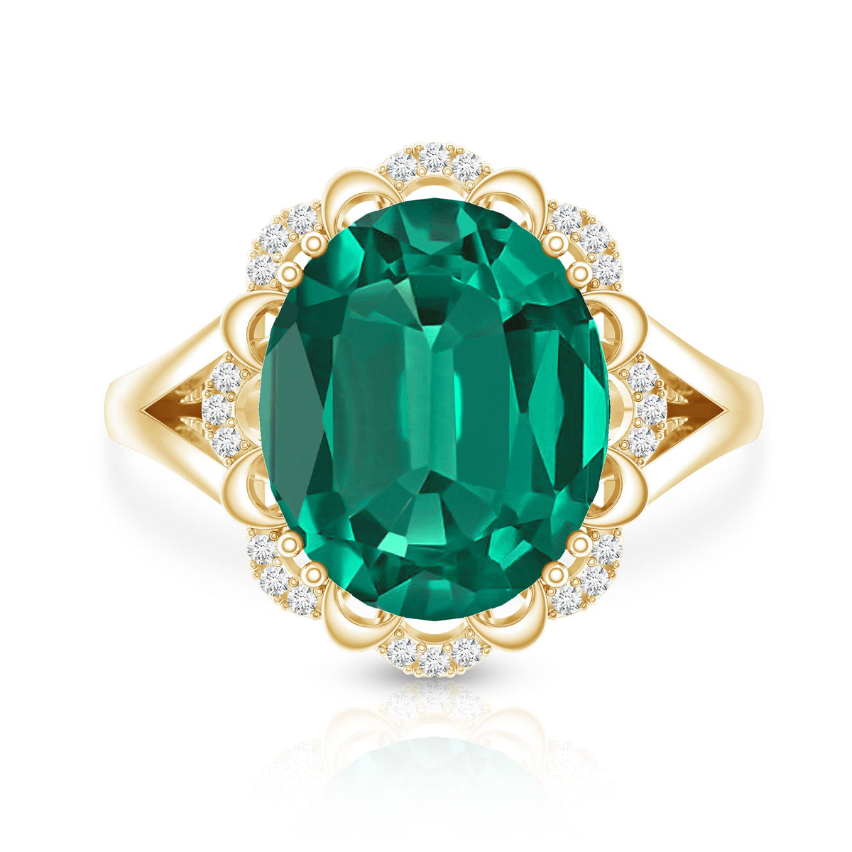 Vintage Looking 10X12mm Lab Created Emerald Engagement Ring with Diamond