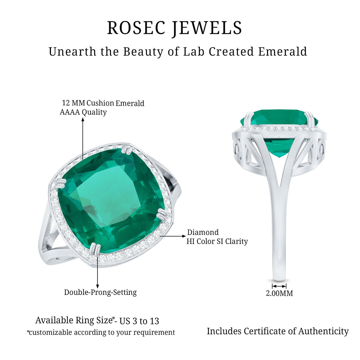 Certified 12 mm Lab Grown Emerald Cushion Cut Engagement with Diamond Halo