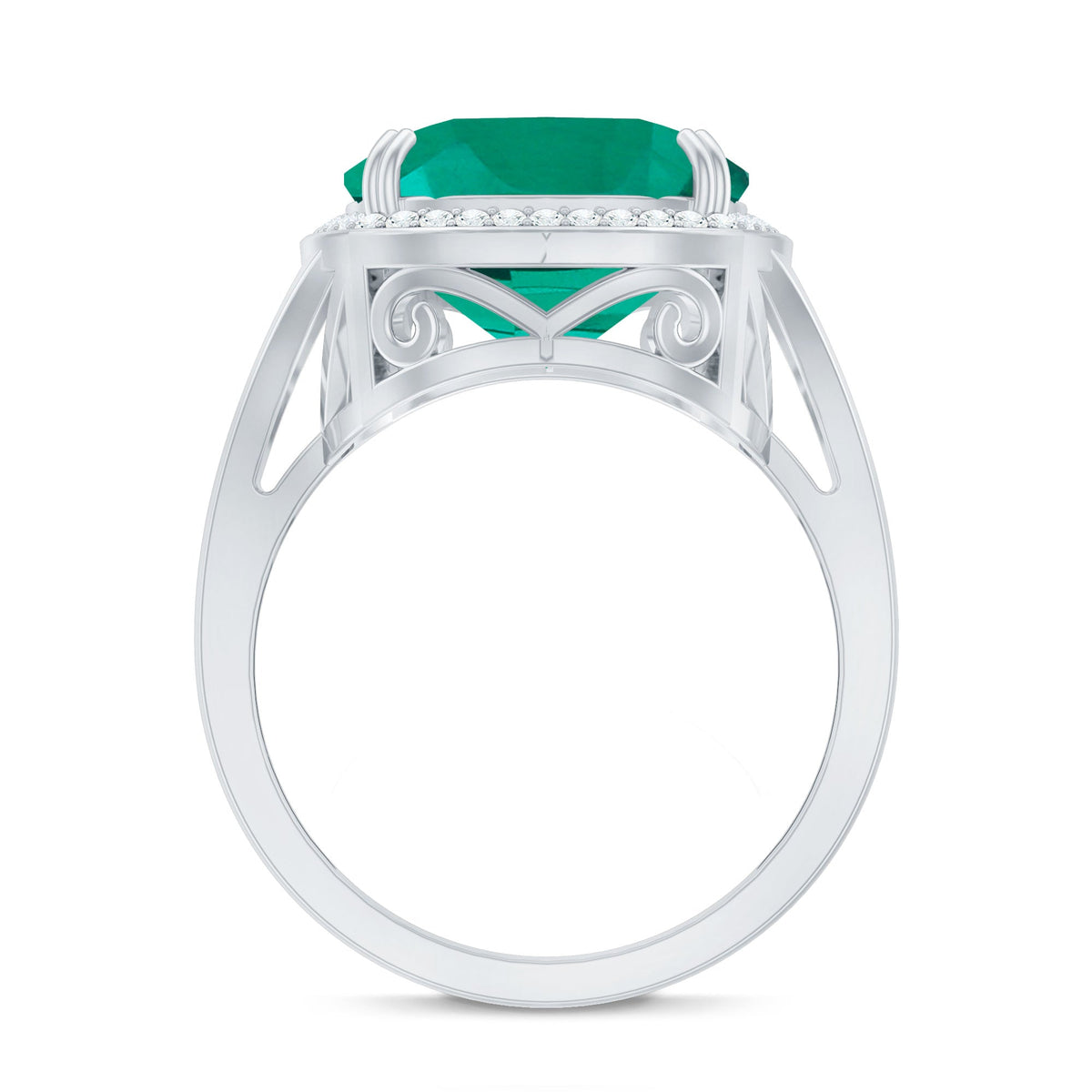 Certified 12 mm Lab Grown Emerald Cushion Cut Engagement with Diamond Halo