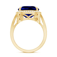 Cushion Cut Lab Grown Blue Sapphire Engagement Ring with Diamond