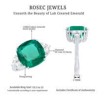 Lab Grown Emerald 9 Carat Cushion Cut Engagement Ring with Diamond Trio