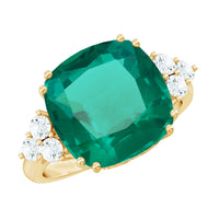 Lab Grown Emerald 9 Carat Cushion Cut Engagement Ring with Diamond Trio