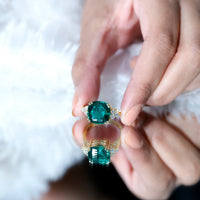 Lab Grown Emerald 9 Carat Cushion Cut Engagement Ring with Diamond Trio