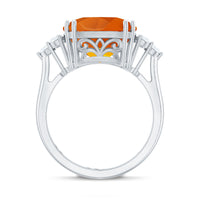 9 Carat Lab Grown Orange Sapphire Cushion Cut Engagement Ring with Diamond Trio