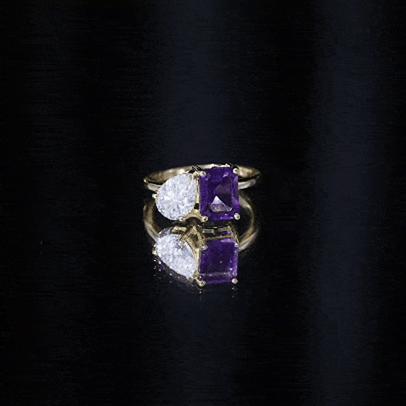 Certified real amethyst Toi et Moi engagement ring with moissanite accents by Rosec Jewels, featuring two oval gemstones set in gold.