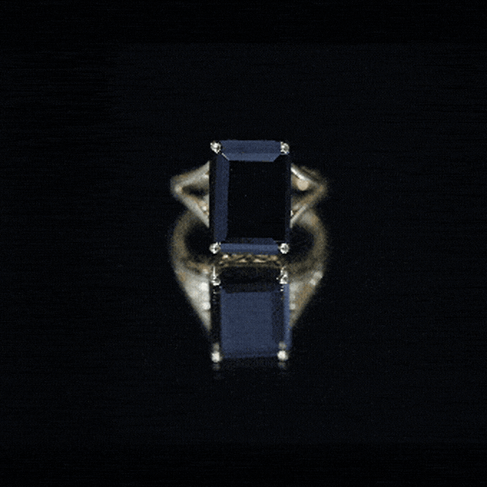 Lab grown black diamond solitaire engagement ring with emerald cut, 9 carats, in a yellow gold setting by Rosec Jewels.