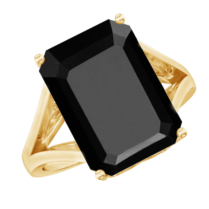 Lab-grown black diamond solitaire engagement ring with emerald cut in 9 carats from Rosec Jewels, showcasing the elegant ring design.