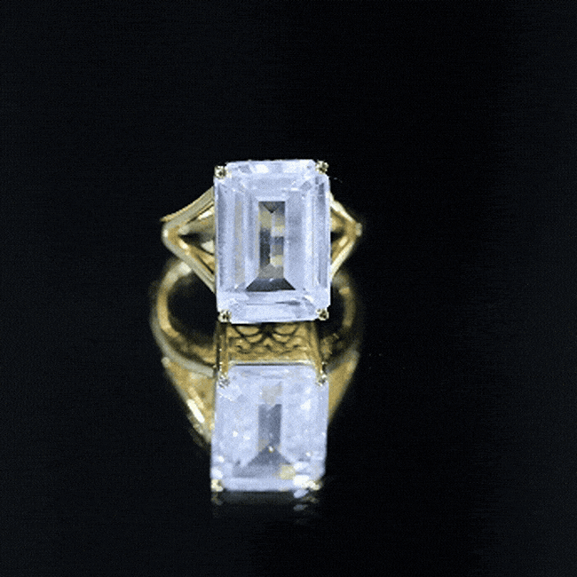 Yellow gold moissanite engagement ring with a 10x14 mm emerald cut stone, Rosec Jewels rings for women.