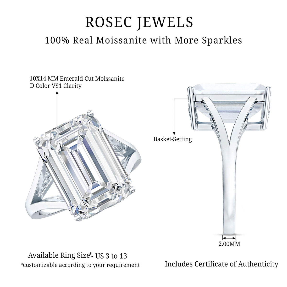 Certified 10X14 MM Emerald Cut Moissanite Engagement Ring for Women
