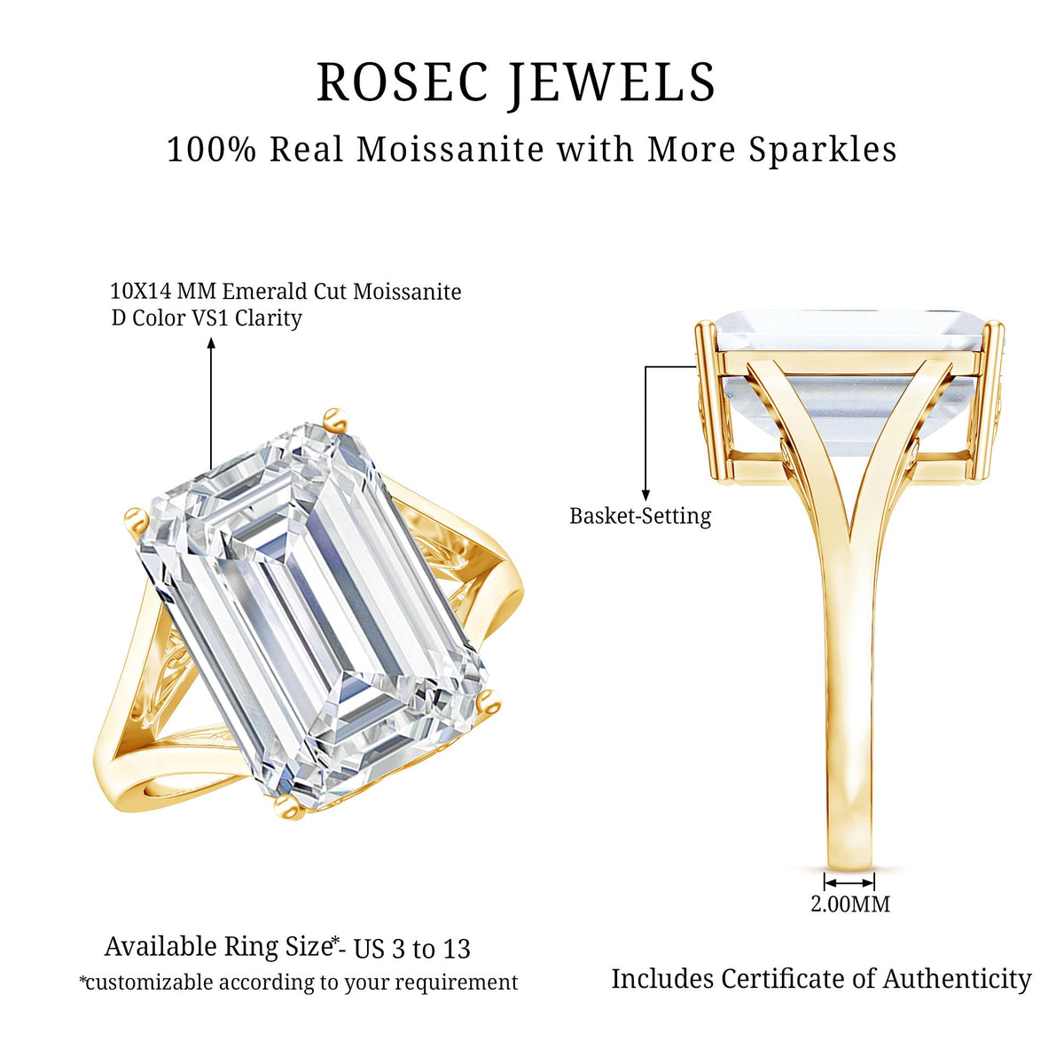 Certified 10X14 MM Emerald Cut Moissanite Engagement Ring for Women