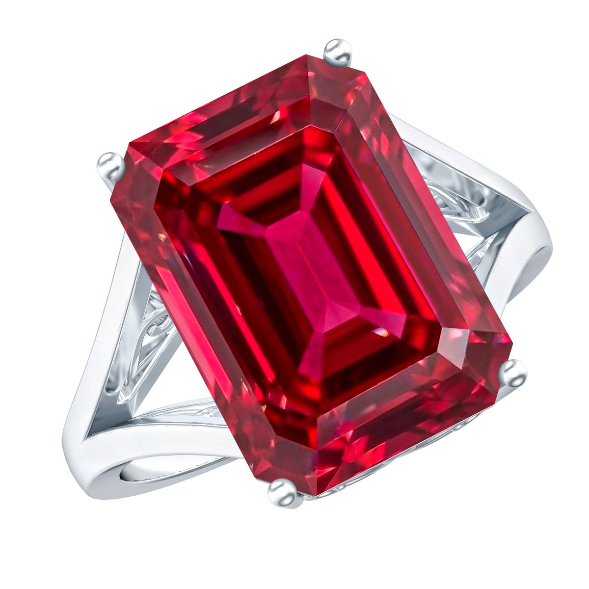 Lab Grown Ruby 10X14 MM Emerald Cut Engagement Ring with Split Shank
