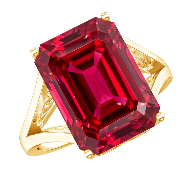 Lab Grown Ruby 10X14 MM Emerald Cut Engagement Ring with Split Shank