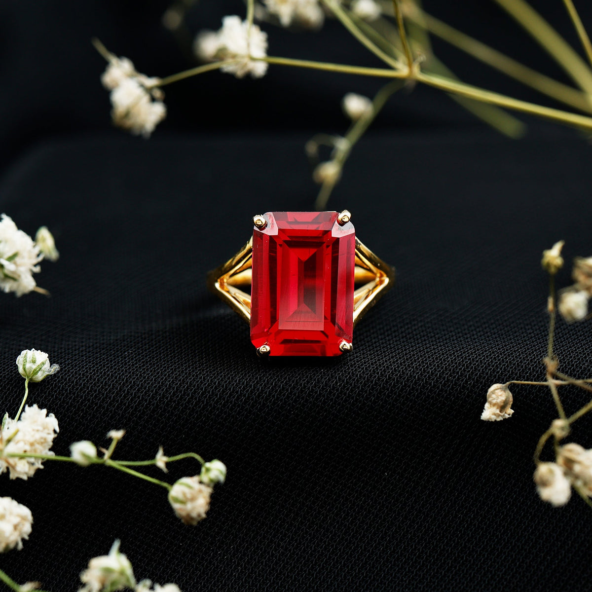 Lab Grown Ruby 10X14 MM Emerald Cut Engagement Ring with Split Shank