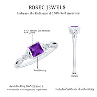 1.2 Carat Princess Cut Amethyst Promise Ring with Celtic Knot